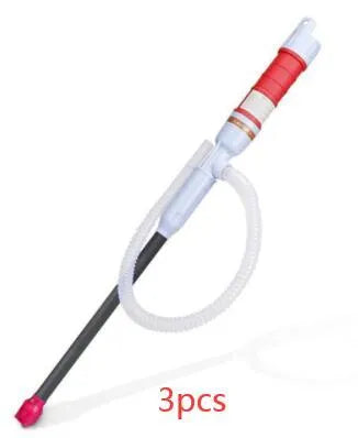 Blue and red manual hand siphon pump for fuel and liquid transfer.