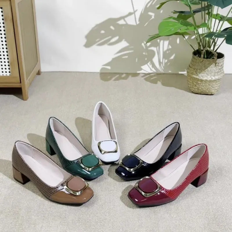 Women's square toe chunky heel slip-on shoes in solid colour with buckle detail, black option
