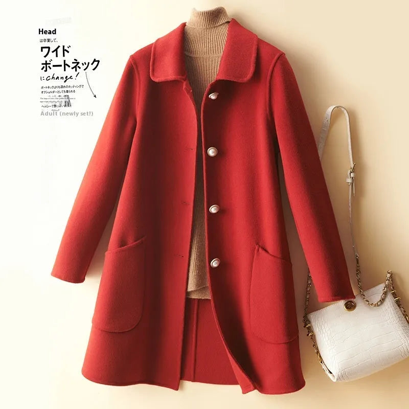 Women's double-faced wool coat with doll collar and pearl buckle in mid-length cut