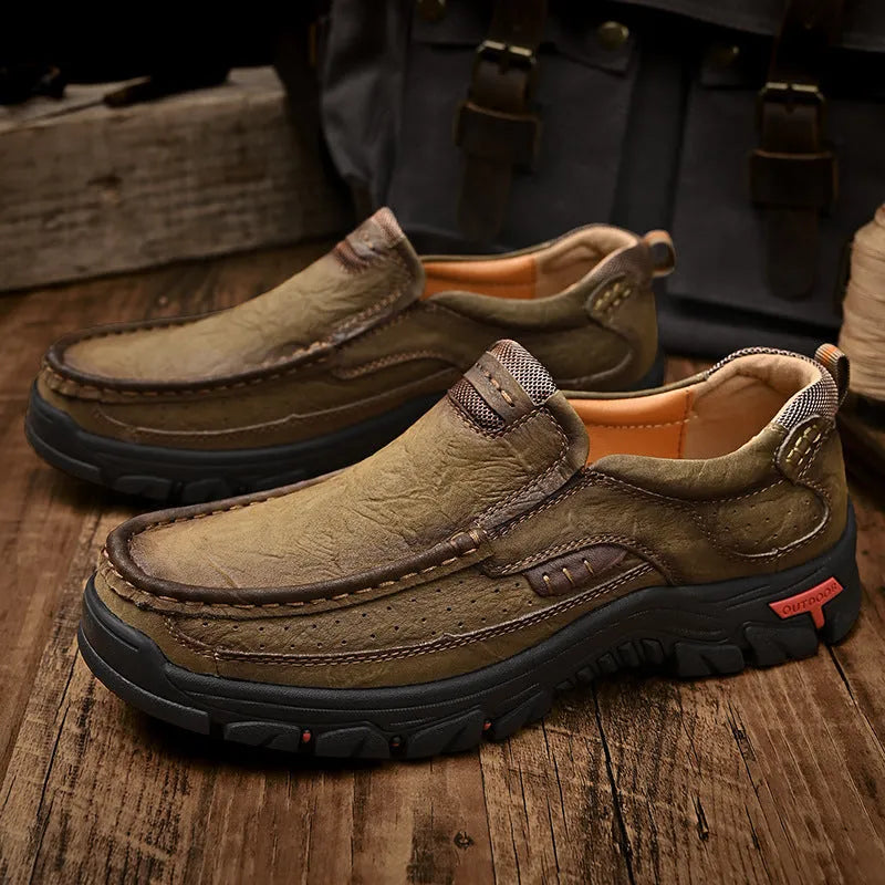 Men's leather large size casual shoes in brown, low top, flat heel, rubber sole, sizes 38-50