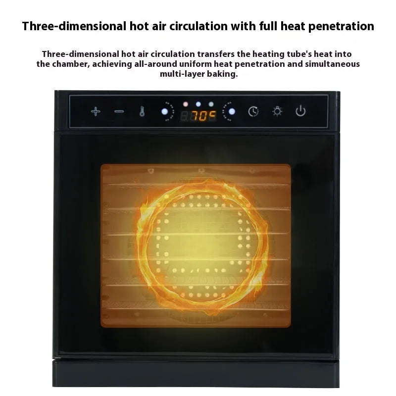Stainless steel fruit dehydrator with multiple trays, LED control panel, and visual skylight design.