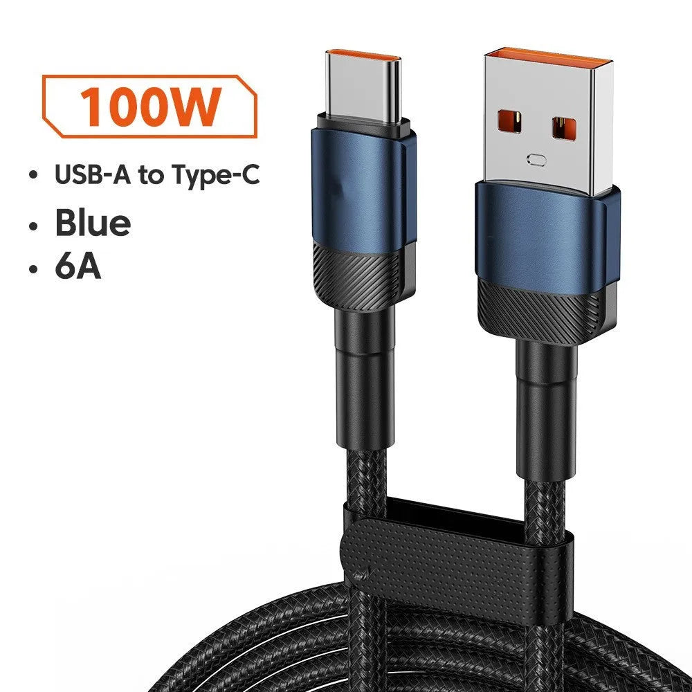 Black woven USB cable with aluminium alloy connectors shown at 100W fast charge length options
