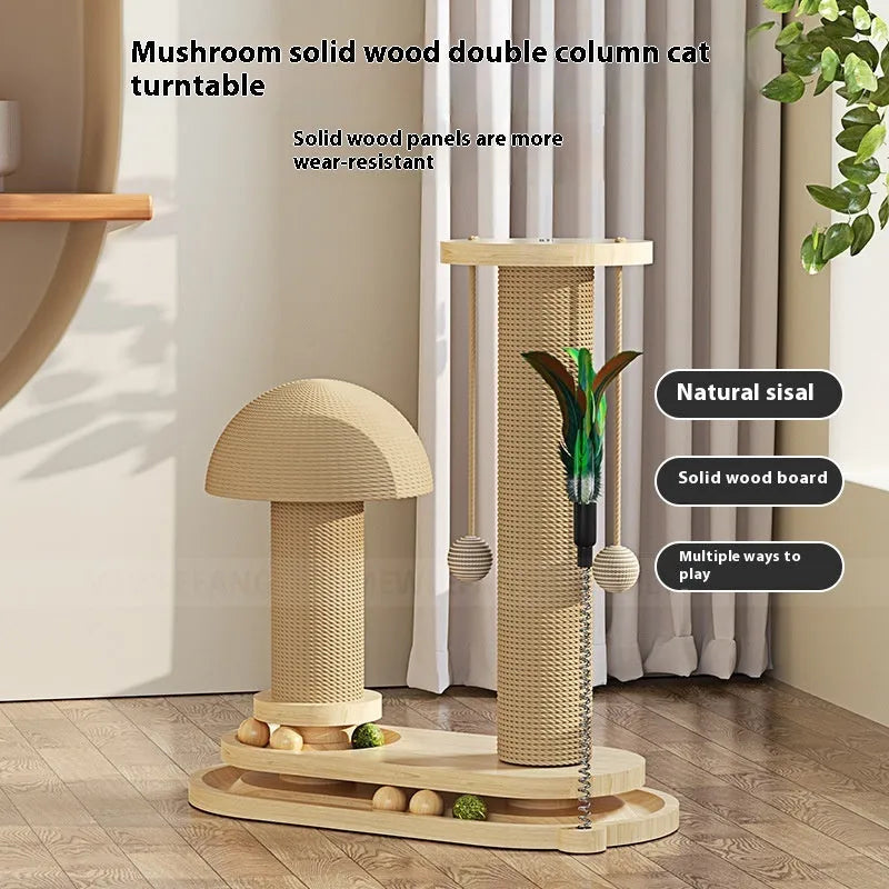 Solid wood cat turntable scratching post with elliptical spinning platform and climbing frame