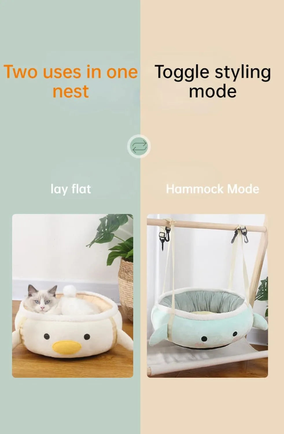 Green dinosaur-shaped cat bed shown both flat as a sofa and hung as a hammock for small pets.