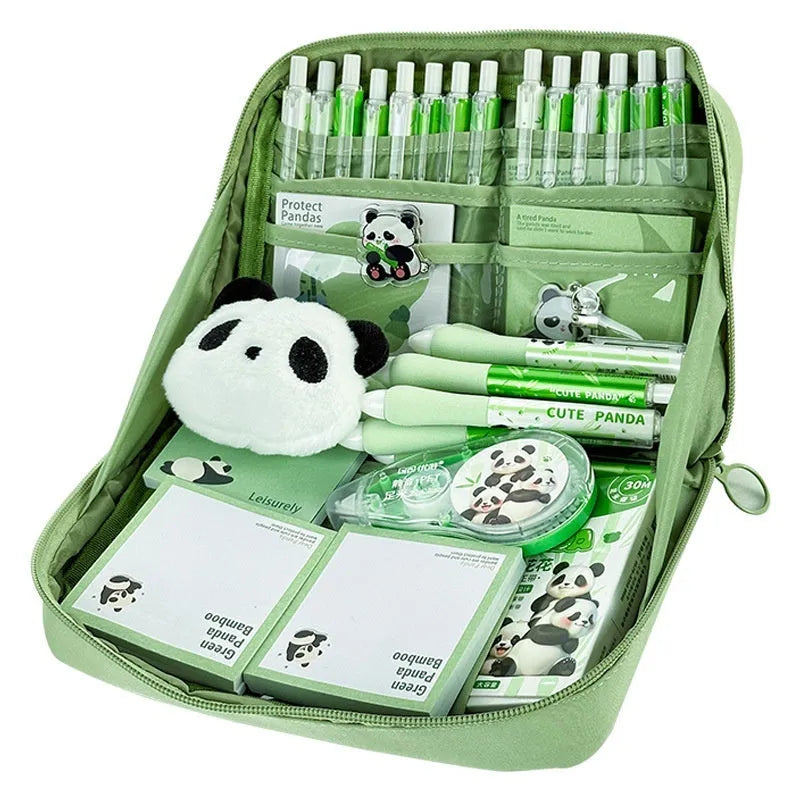 Green Korean-style canvas pencil case showing 12 open layers for organised pen and pencil storage