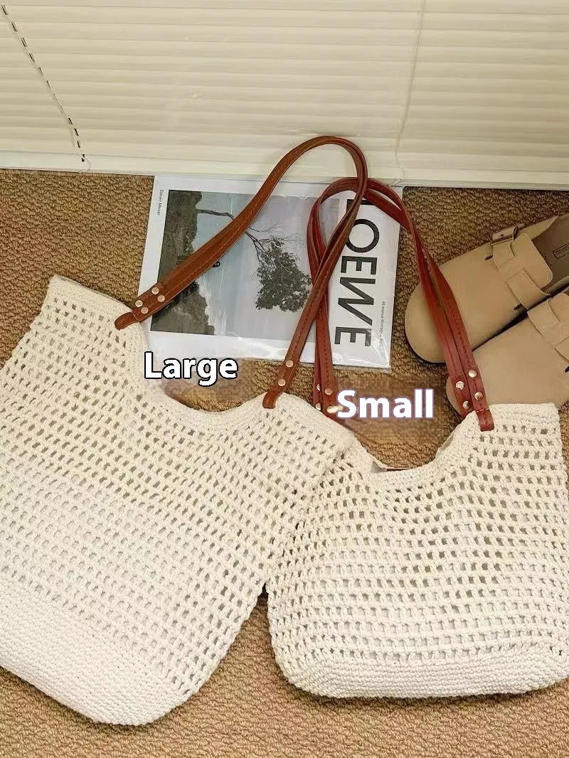 Beige woven cotton linen shoulder bag with large capacity beach design