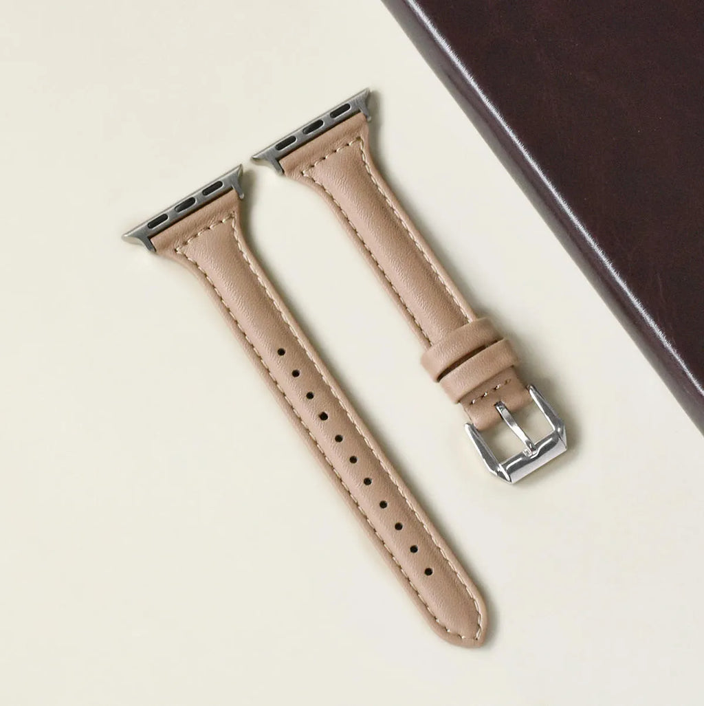 Women's retro slim PG leather strap for Apple Watch, 12mm width, stainless steel buckle, multiple colour options