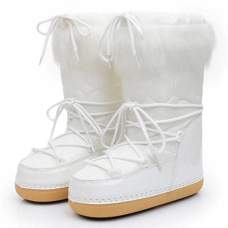 White fur winter space boots for women with fleece lining, mid-top, 2cm flat heel and PE sole