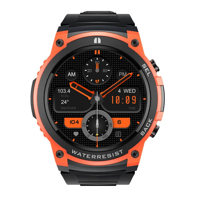 Smart watch with AMOLED display in orange colour showing heart rate and time on wrist