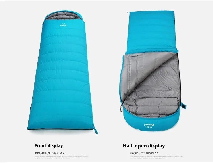 Black outdoor sleeping bag with envelope structure and goose down filling.