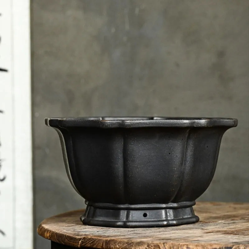 Handmade purple sand round flower pot with ancient copper clay finish for lotus begonia and indoor plants