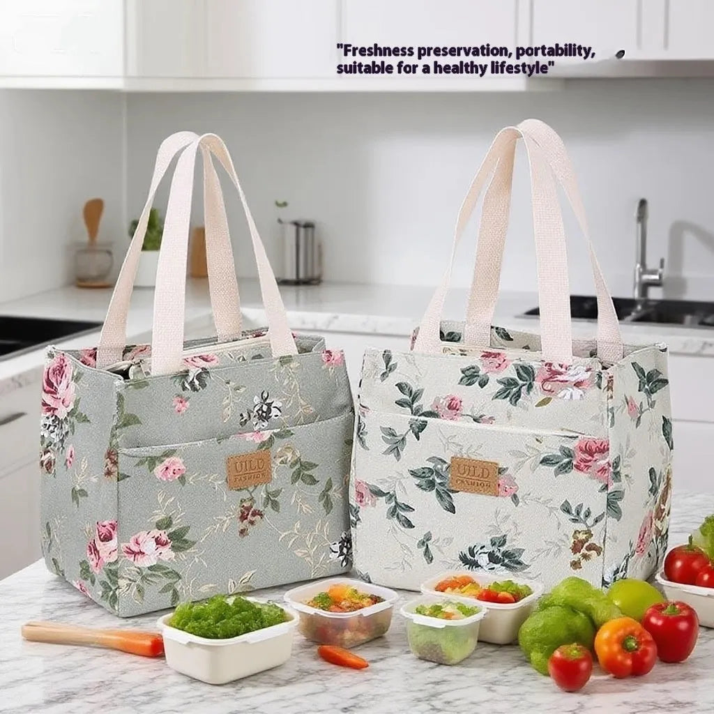 Women's printed canvas tote bag in a horizontal square shape with floral and cat design options.