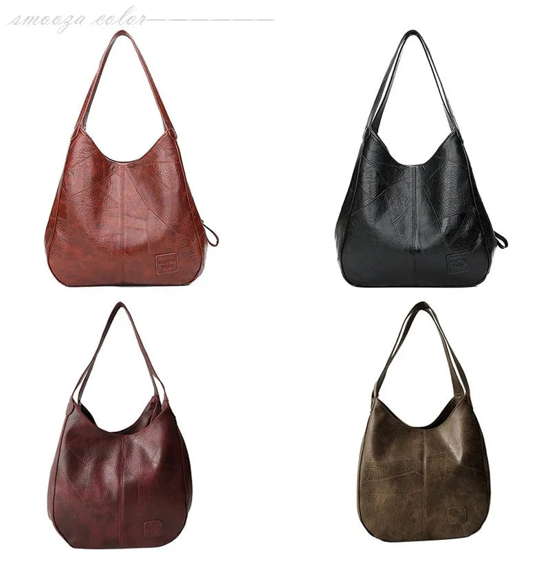 Vintage women's large PU leather shoulder bag tote in solid colour with double straps, black, brown, khaki, red options