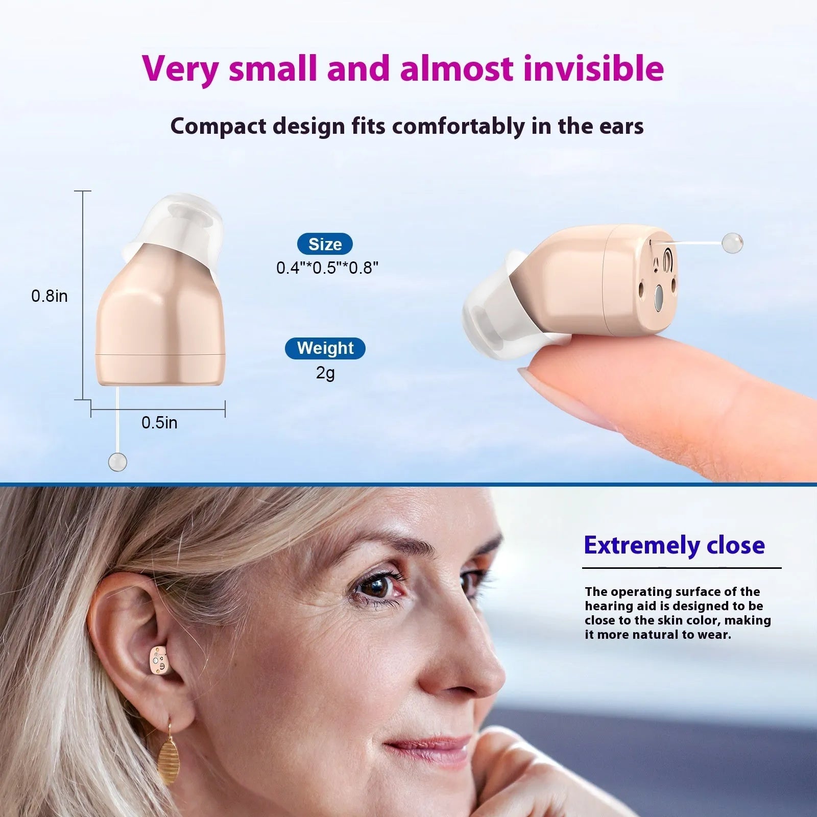 Rechargeable ultra-small in-ear hearing aid with USB charging, available in multiple colours