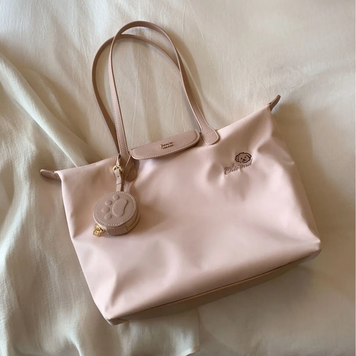 Oxford cloth tote shoulder bag with sandwich pocket in macaron pink colour option