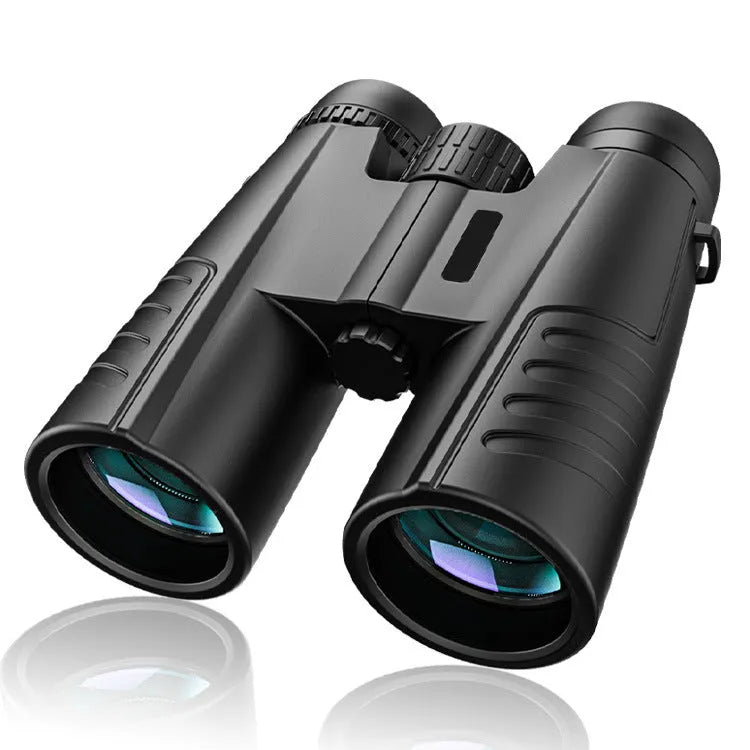 Black 12x42 binoculars with objective lenses and central focus wheel for outdoor sport use