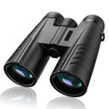 Black 12x42 binoculars with objective lenses and central focus wheel for outdoor sport use