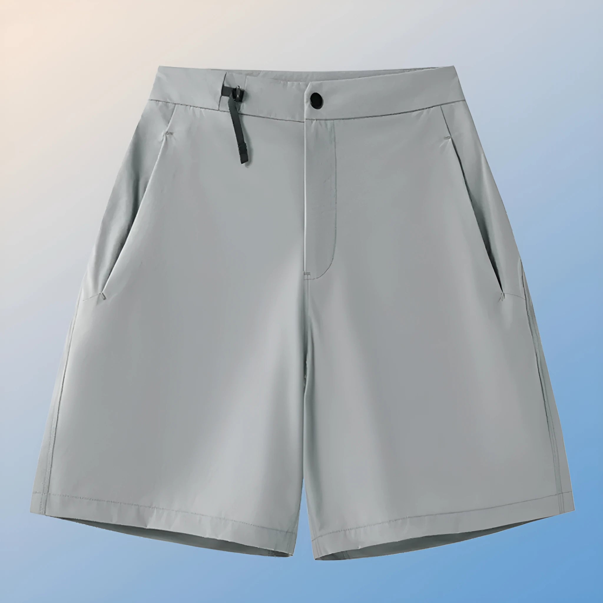 Man wearing khaki 3D cut quick-dry sports shorts with four-way stretch, suitable for running.