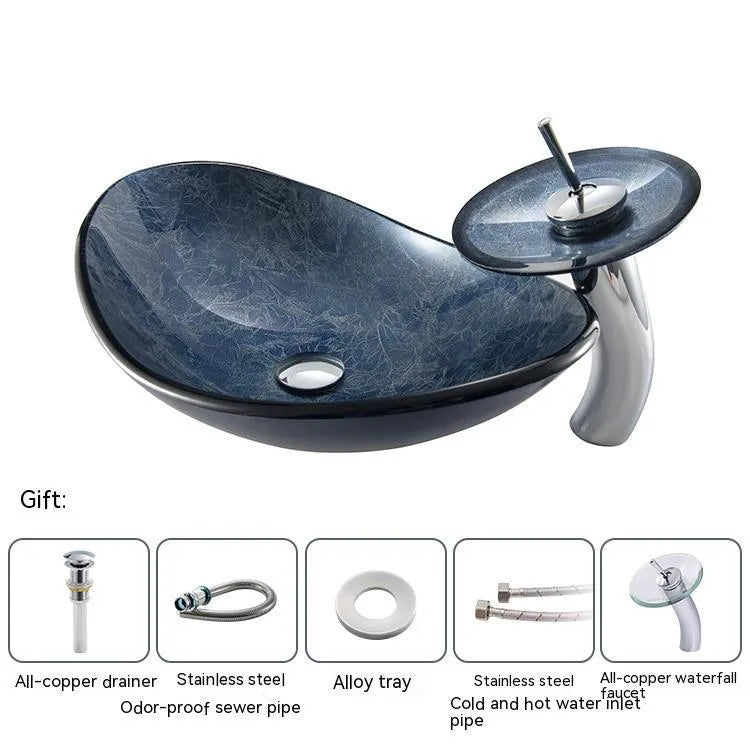 Blue grey foil tempered glass table basin for bathroom installation on a vanity unit.