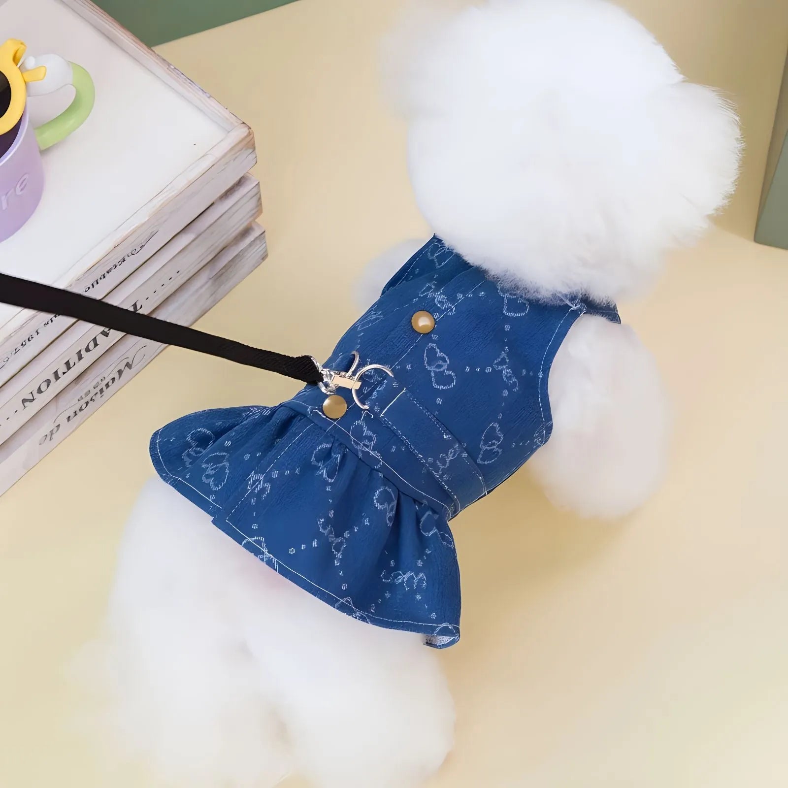 Denim princess dress for small Teddy or Bichon dog in bracket skirt style