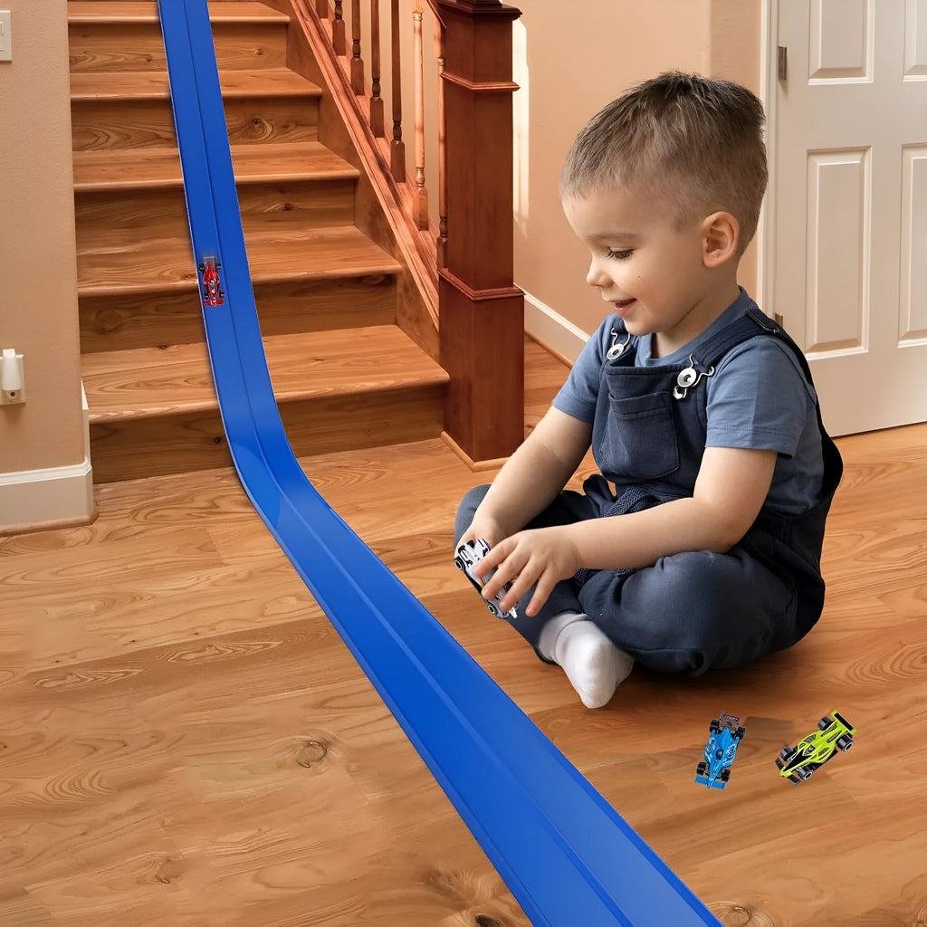 DIY double rail car PVC soft track set with anti-gravity magnetic rails in blue