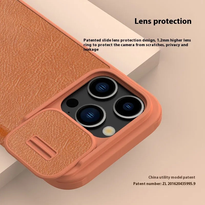 Black imitation leather flip phone case open next to an iPhone.