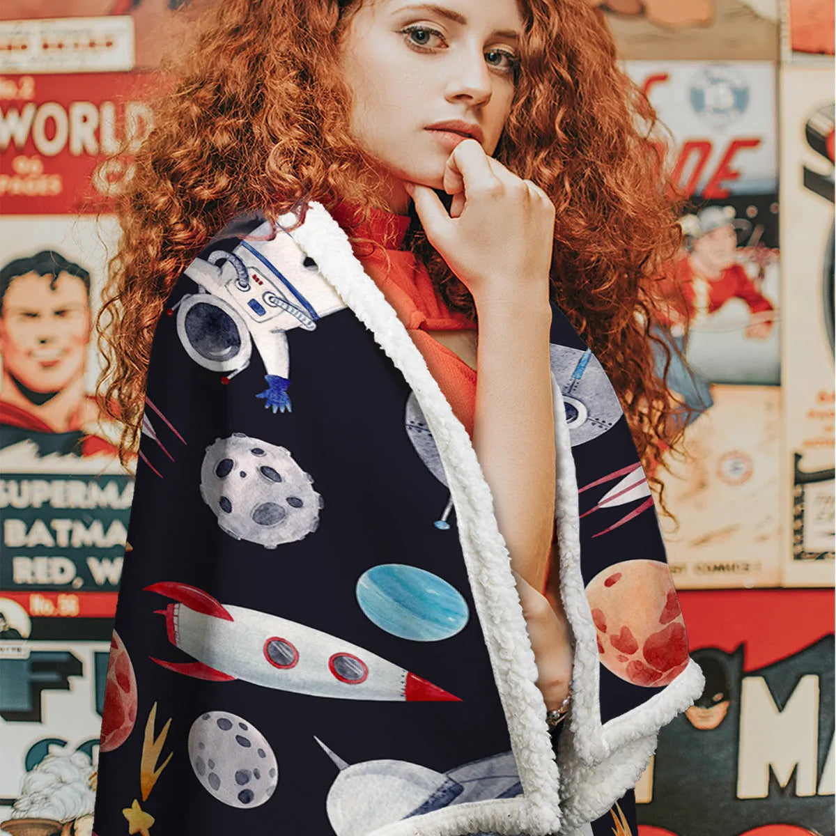 Black astronaut themed sherpa fleece blanket with hemmed edges, available in 130x150cm and 150x200cm sizes.