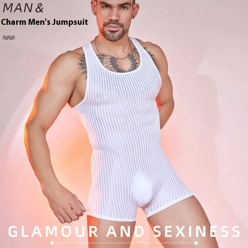 Men's black and white striped nylon jumpsuit with free size fit for summer casual wear
