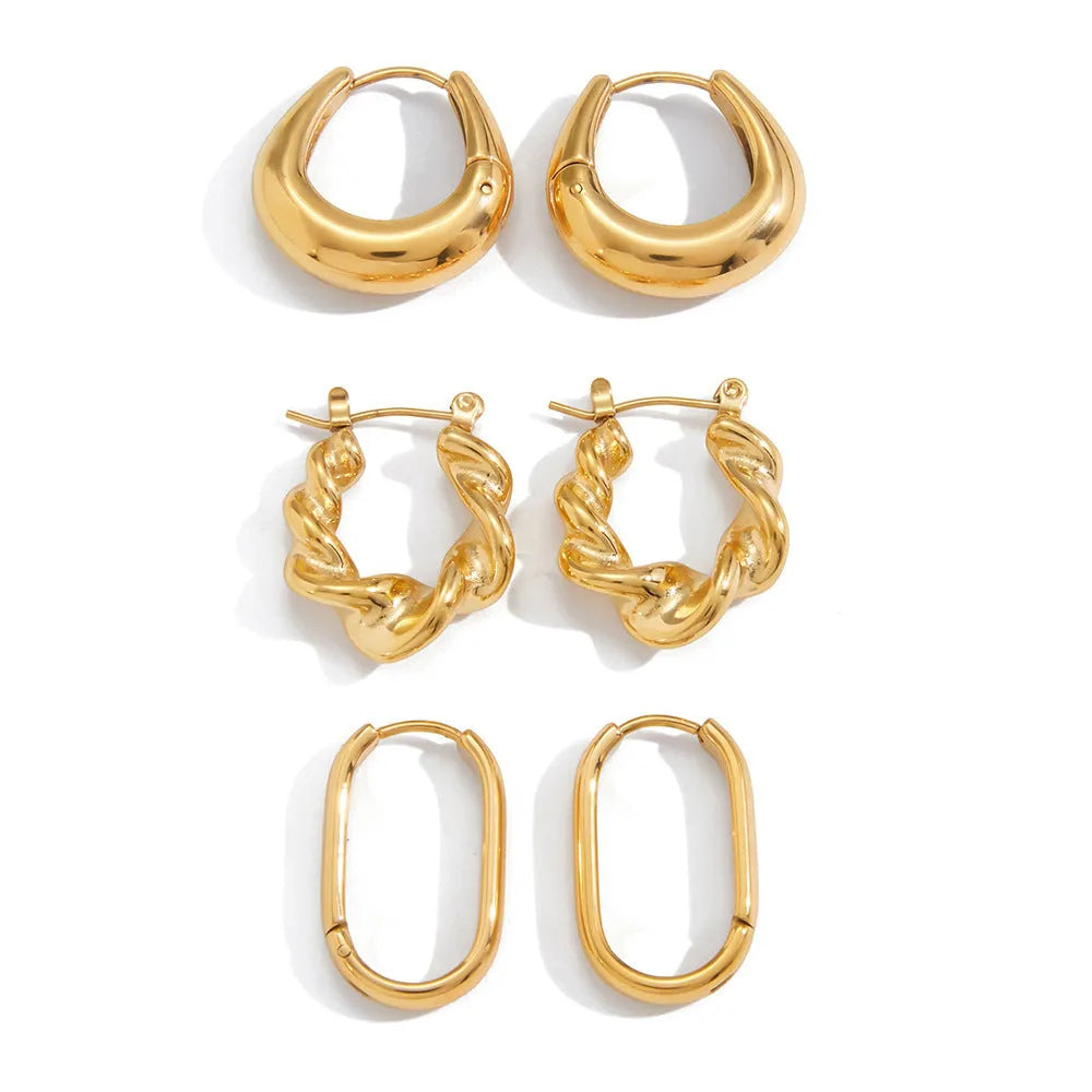 Geometric ellipse-shaped stainless steel ear clip with electroplated 18K gold finish for women