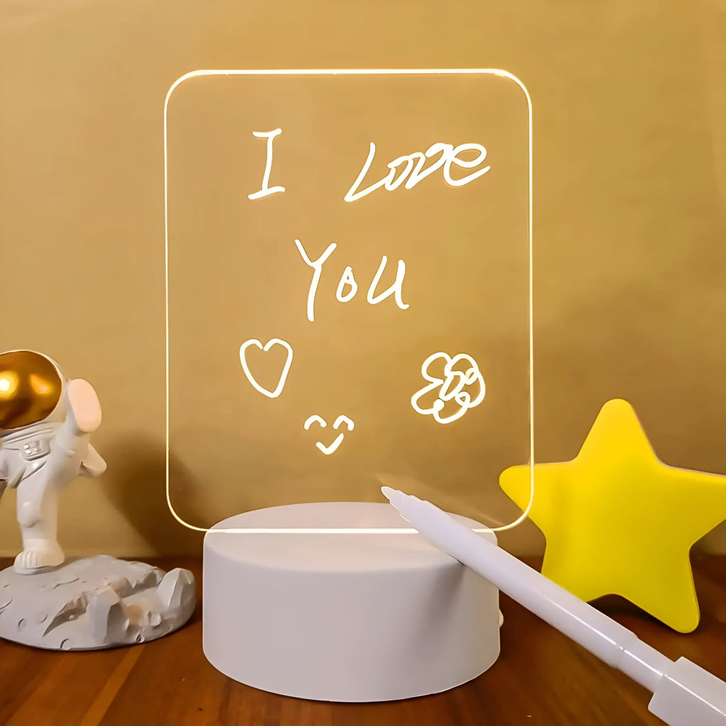 Acrylic message board night lamp with warm light showing round base and multiple picture shape options