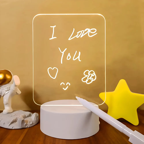 Acrylic message board night lamp with warm light showing round base and multiple picture shape options