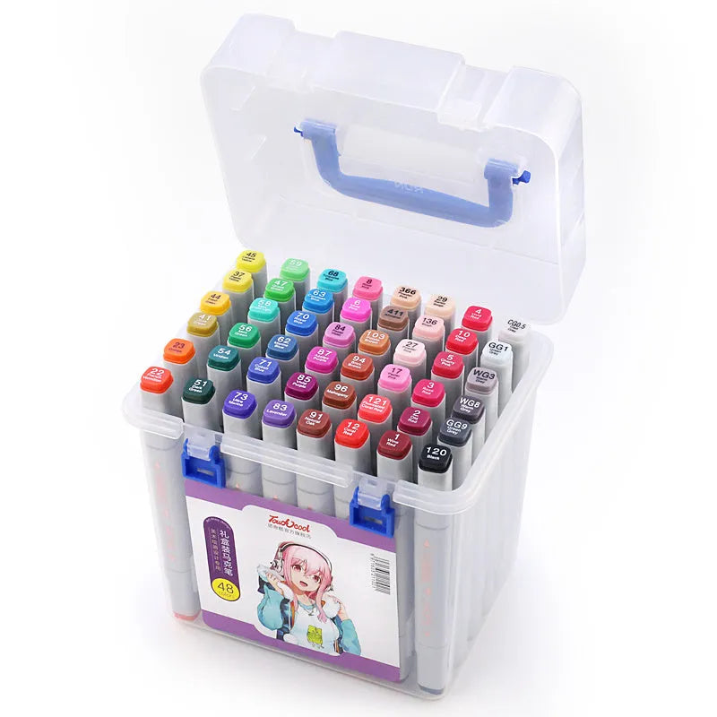 48 colourful oily soft-tip markers with square barrels arranged in set for hand-painted design projects