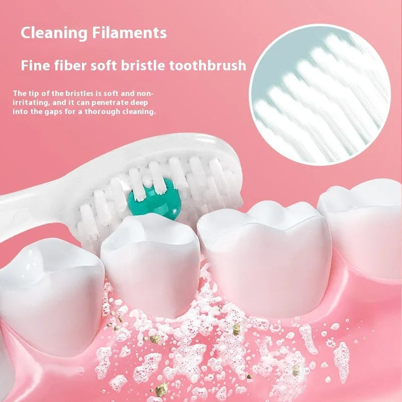 Box of individually wrapped disposable bead toothbrushes in mint, peach, and green tea flavours.