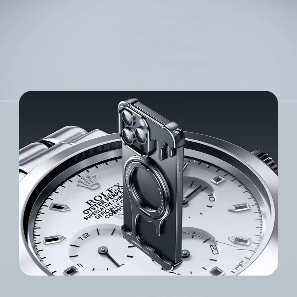 Liquid metal frameless phone case with rotating bracket for iPhone, gentleman's black colour, metal hollow design