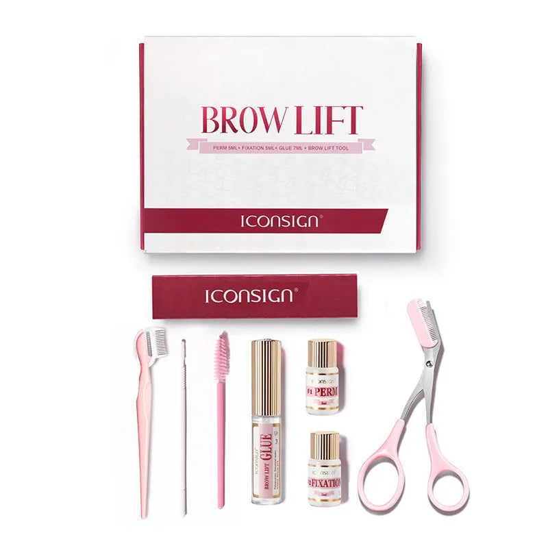 Pink eyebrow perm kit with keratin treatment solution and quick ironing tools in suit packaging