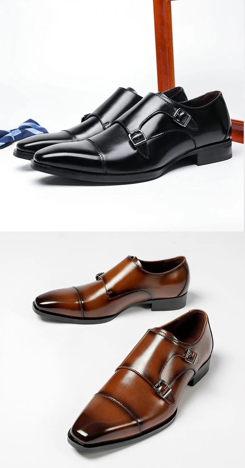 Men's black and light brown leather shoes with square toe design and rubber soles