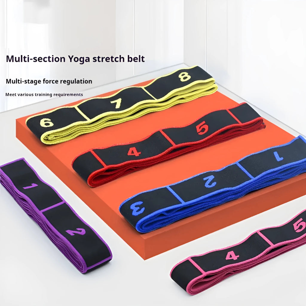 Multi-section elastic yoga stretch strap in various colours for fitness and sports.