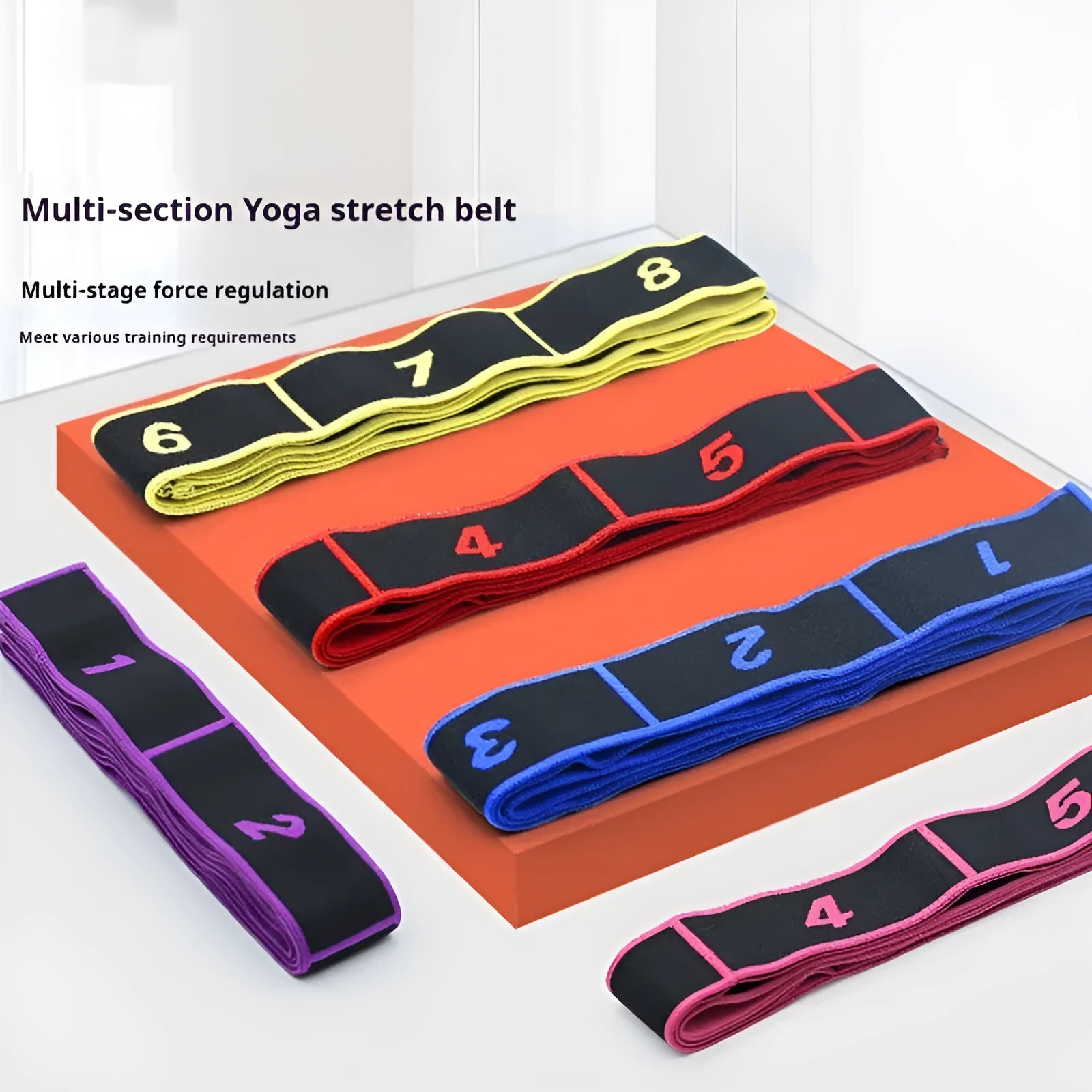 Multi-section elastic yoga stretch strap in various colours for fitness and sports.