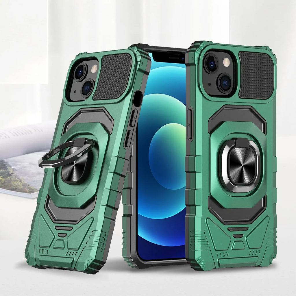 Magnetic ring car phone case with 2-in-1 TPU PC shockproof design for iPhone in graphite black