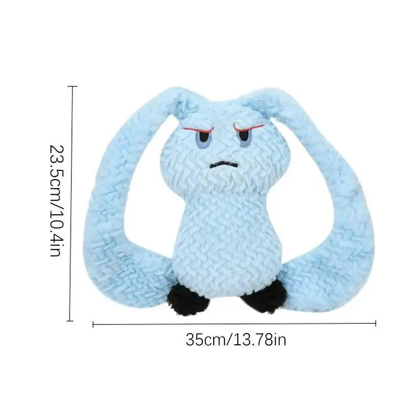 Bunny-shaped dog teething toy in blue, plush fabric with PP cotton filling, about 35 cm long