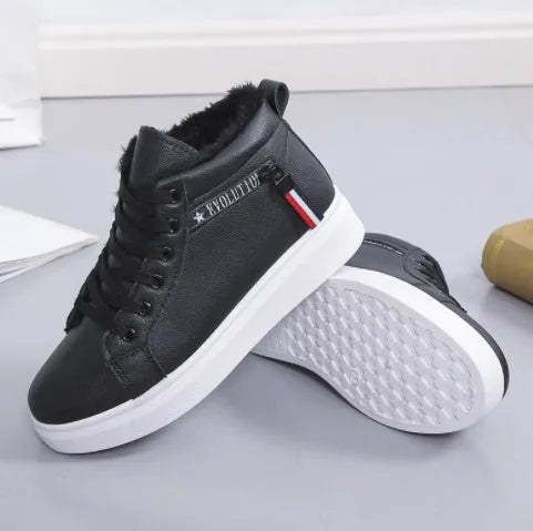 Women's plush snow boots in black, pink, or white with round toe, flat heel, and low cut, sizes 35-40