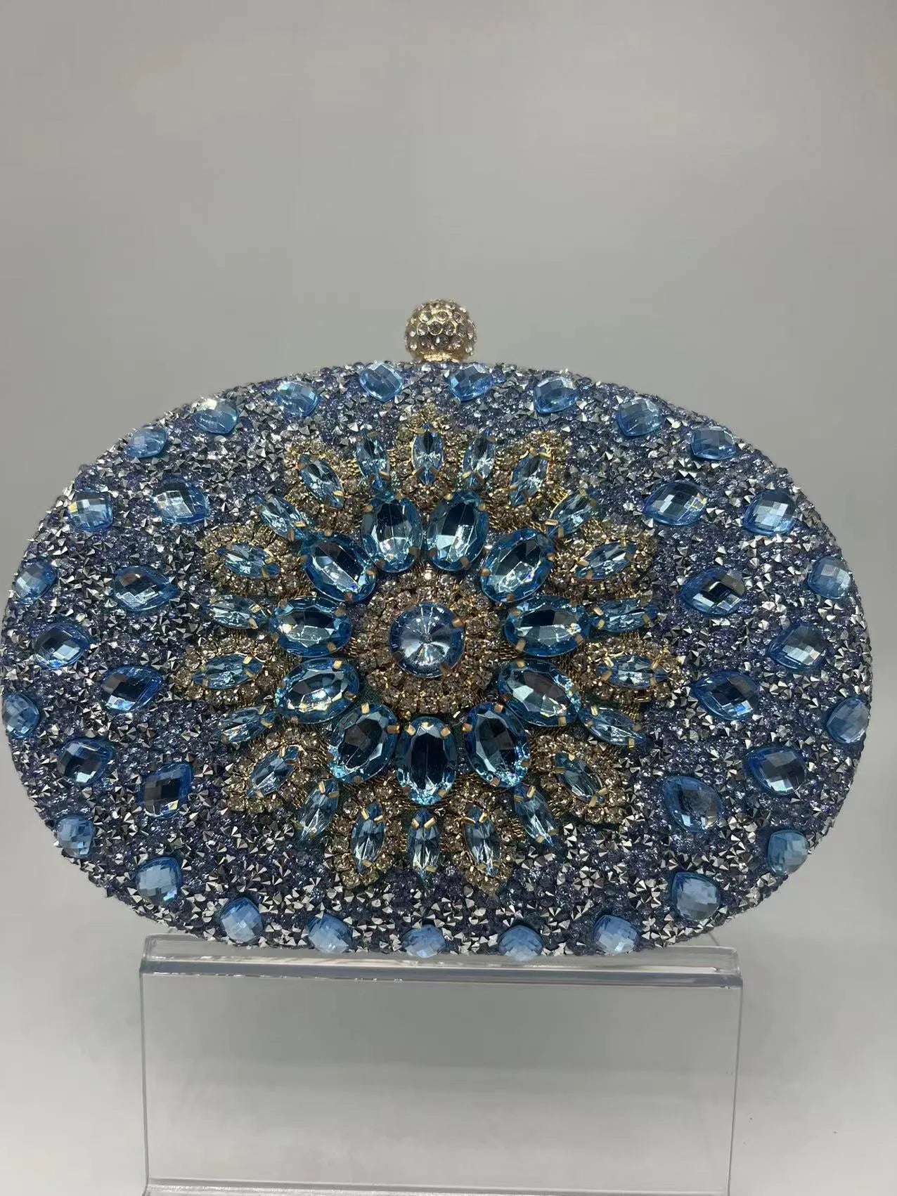 Gold hardware and rhinestone banquet handbag with structured retro design measuring 20cm wide
