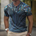 Man wearing a blue and white striped short sleeve casual shirt with an asymmetric design.