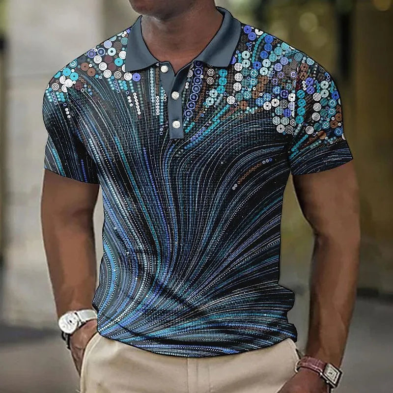 Man wearing a blue and white striped short sleeve casual shirt with an asymmetric design.
