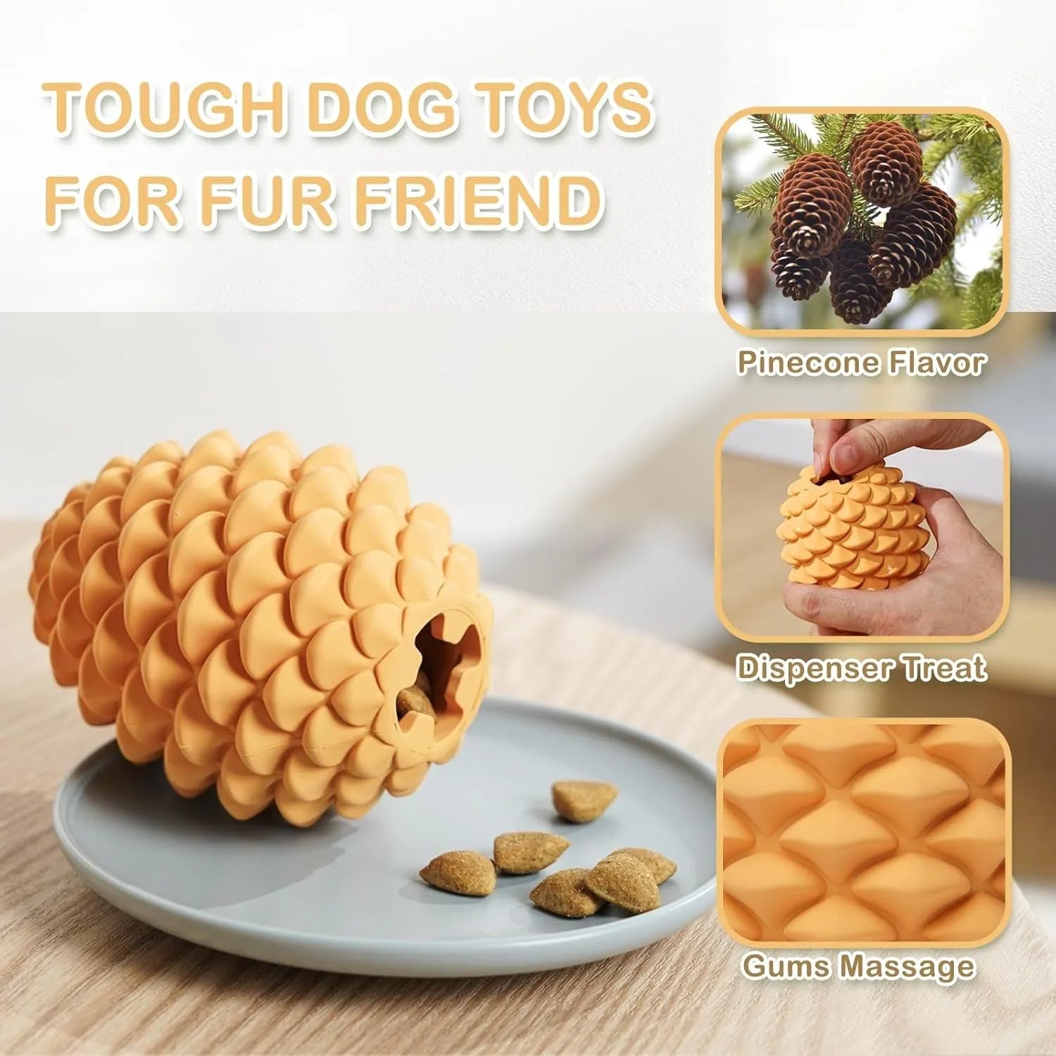 Yellow pine cone-shaped natural rubber dog chew toy with treat dispenser hole.
