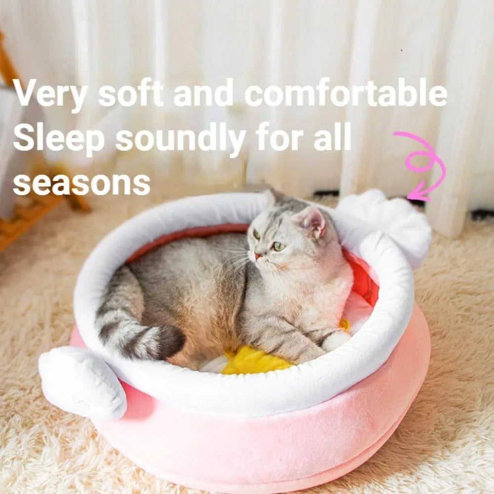 Pink or yellow honey pot-shaped enclosed cat bed with a magic wand decoration and a removable cushion.