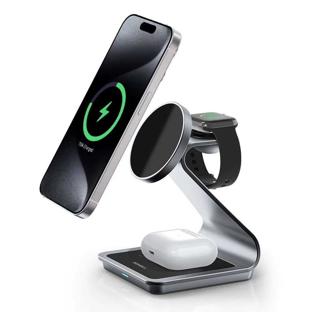 3-in-1 metal magnetic wireless charger stand charging iPhone, Apple Watch and AirPods on desk