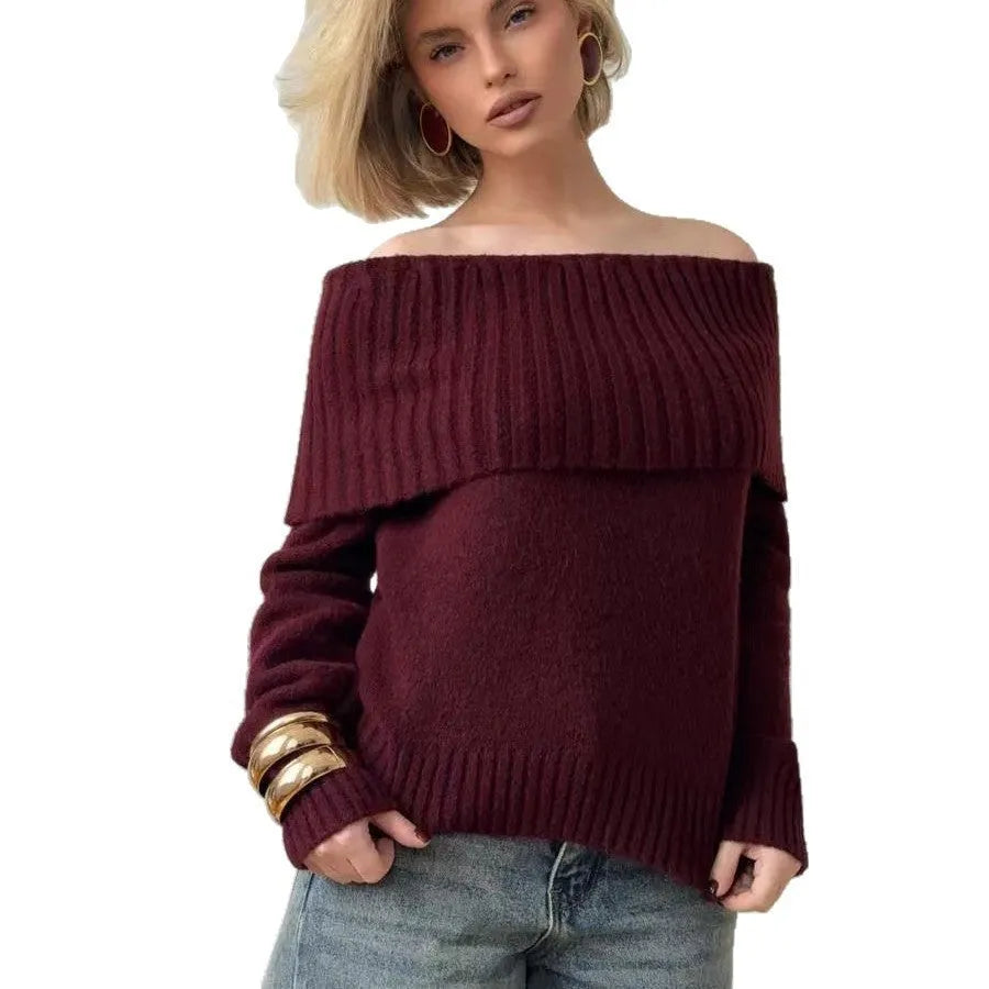 Grey off-the-shoulder acrylic sweater with strapless design and 3D pattern texture