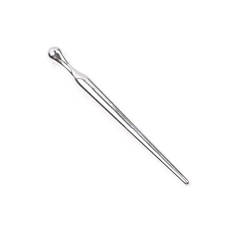 Silver metal urethral plug stick with round beads and horse eye shaped base