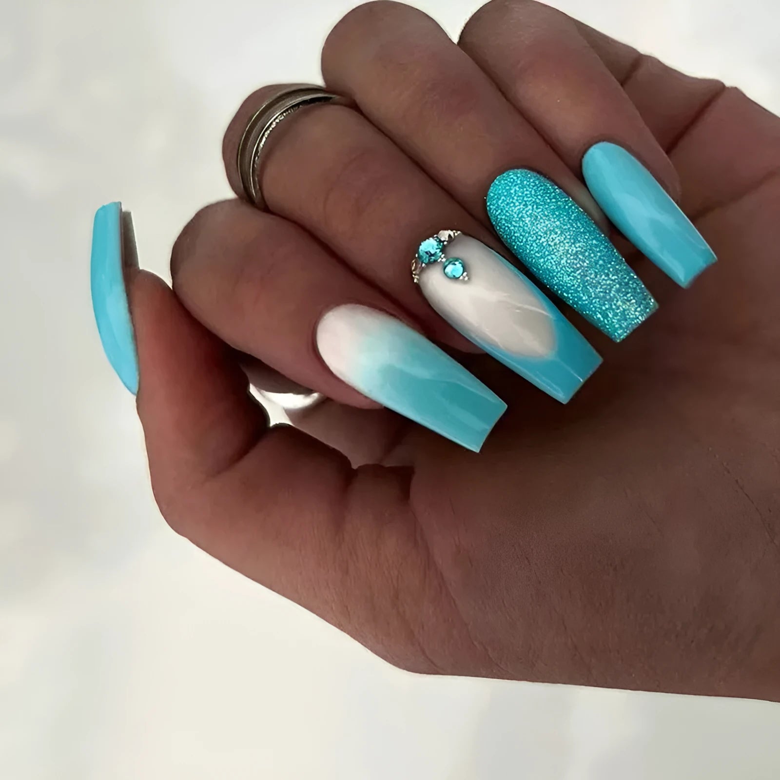 Smart blue diamond colour ballet-length artificial nails with adhesive glue